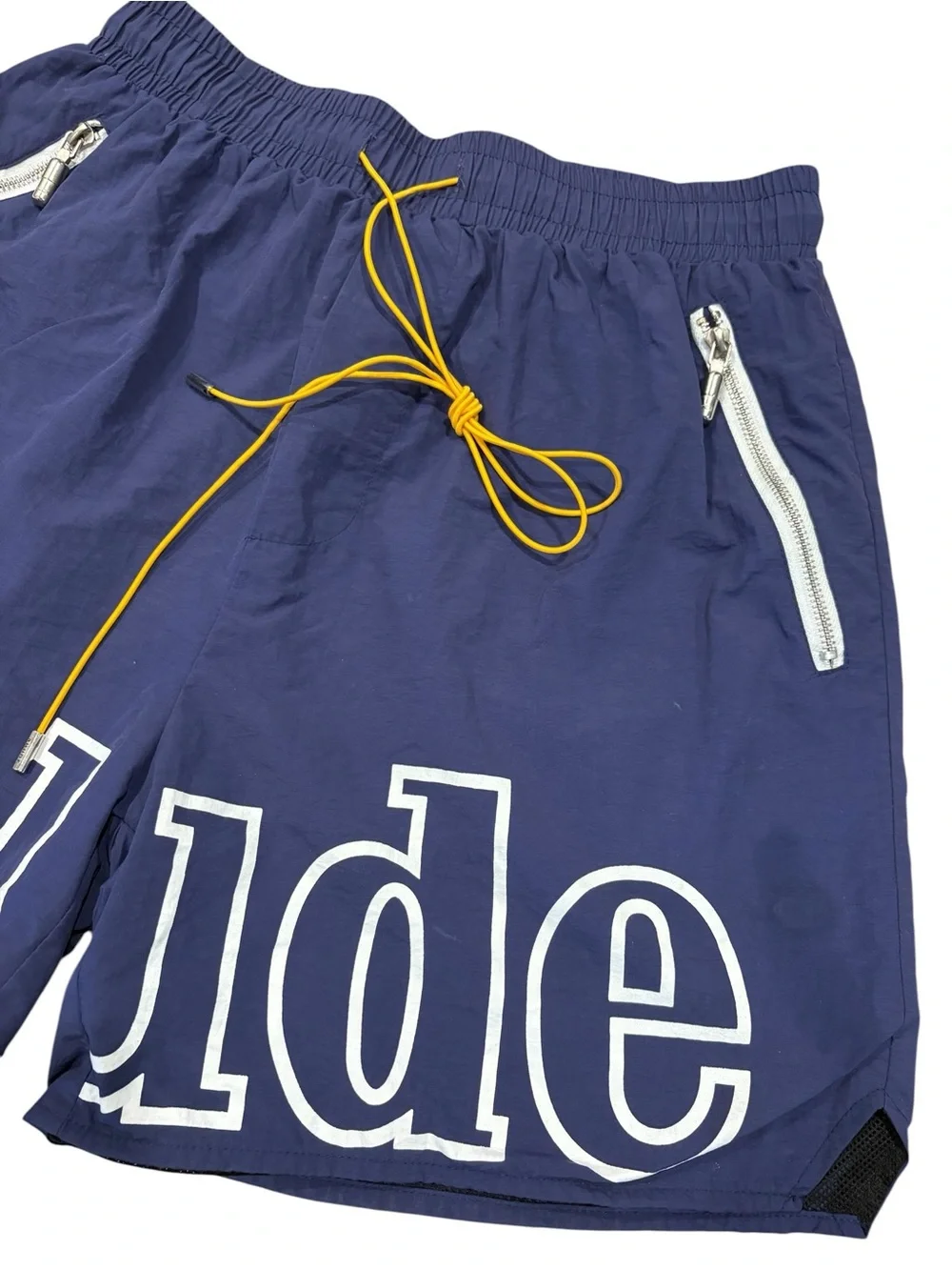 Rhude Navy Swim Shorts with White Logo and Yellow Drawstring S